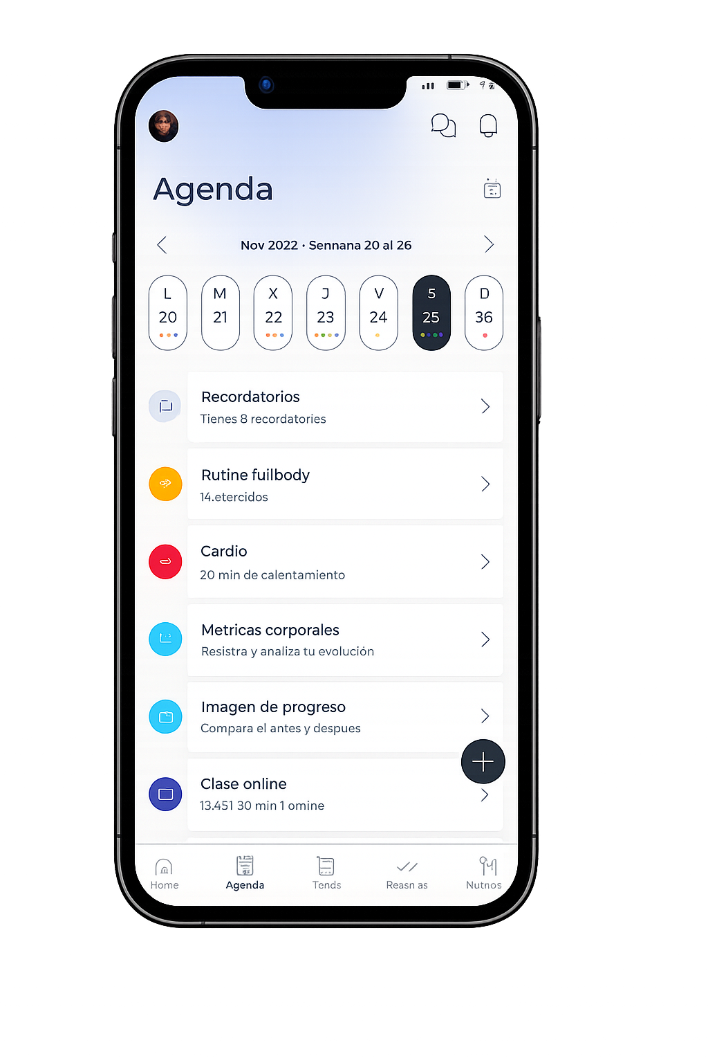 Pantalla Agenda: vista semanal con rutinas y métricas